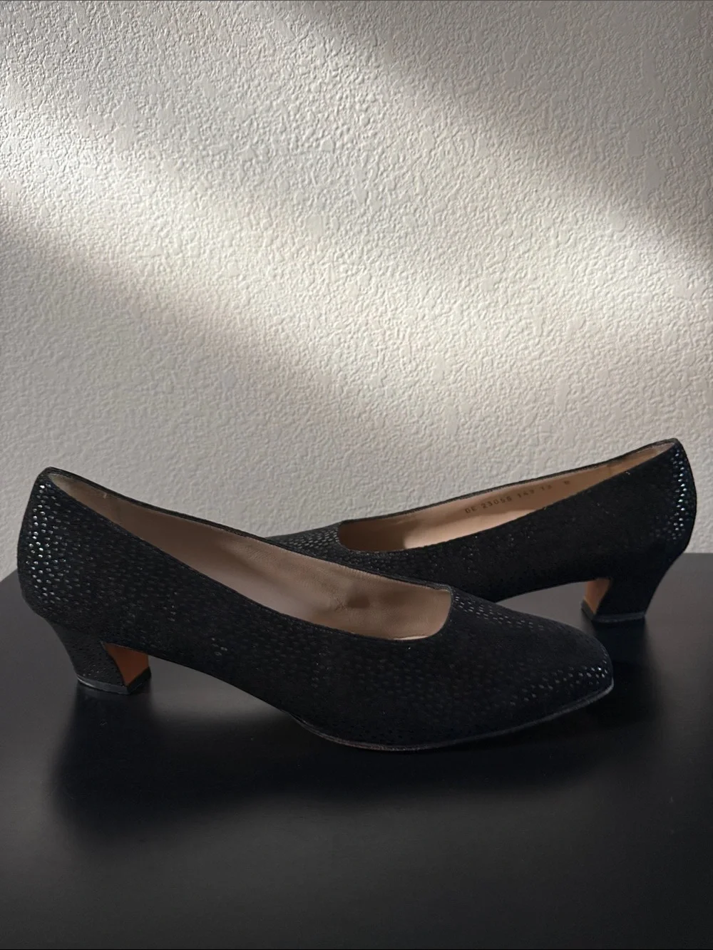 Salvatore Ferragamo Black Suede Pumps with Silver Dot Accents